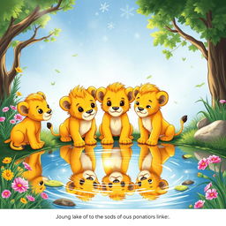 A children's book illustration featuring three lion cubs on an adventure, gazing at their reflections in a sparkling, serene lake