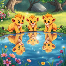 A children's book illustration featuring three lion cubs on an adventure, gazing at their reflections in a sparkling, serene lake