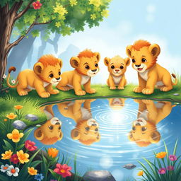 A children's book illustration featuring three lion cubs on an adventure, gazing at their reflections in a sparkling, serene lake