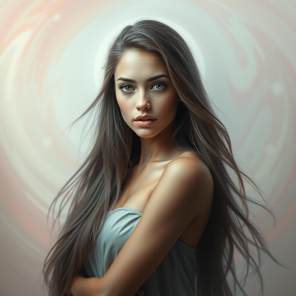 A portrait of a stunningly beautiful woman with long flowing hair and a captivating gaze