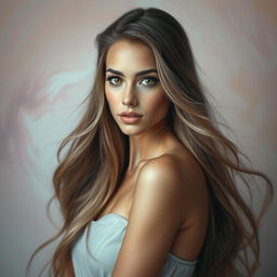 A portrait of a stunningly beautiful woman with long flowing hair and a captivating gaze