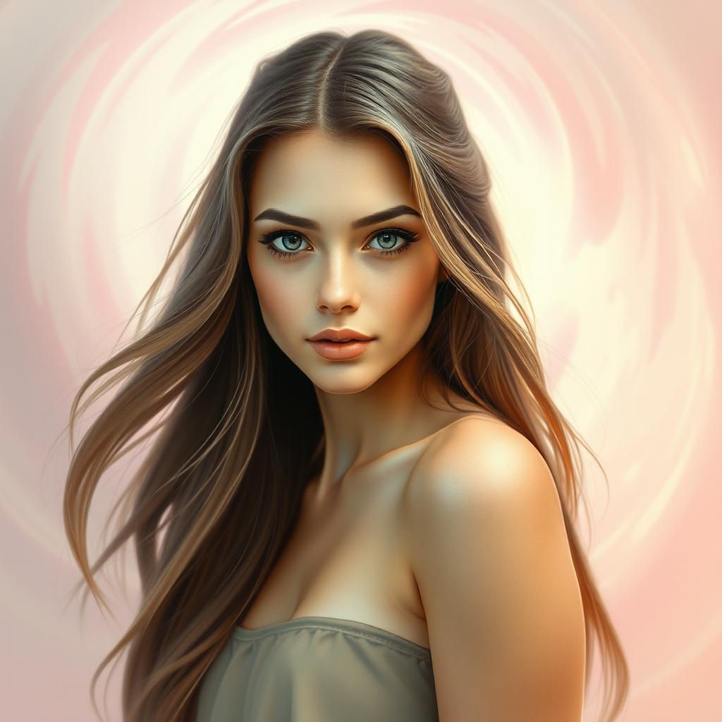 A portrait of a stunningly beautiful woman with long flowing hair and a captivating gaze