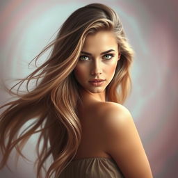 A portrait of a stunningly beautiful woman with long flowing hair and a captivating gaze