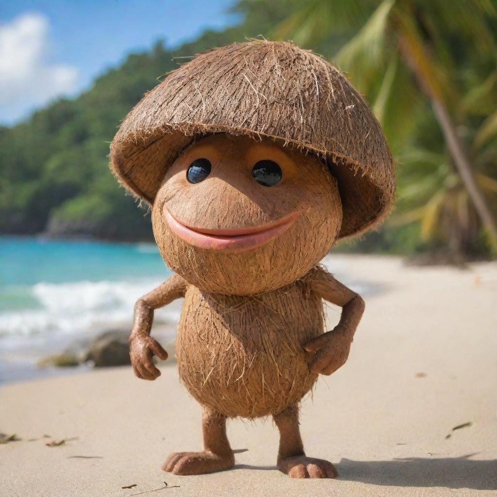 A coconut personified as a human, with a brown, textured body for the shell and a tropical shirt. Its features and hair made of coconut fiber, and a half-coconut shell as its hat, set against a sunny beach backdrop.