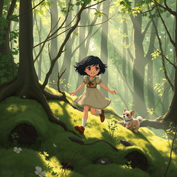 Step by step, Lily, a fairy tale heroine with short dark hair, ventures deeper into the forest