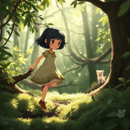 Step by step, Lily, a fairy tale heroine with short dark hair, ventures deeper into the forest