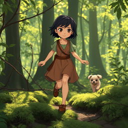 Step by step, Lily, a fairy tale heroine with short dark hair, ventures deeper into the forest