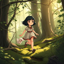 Step by step, Lily, a fairy tale heroine with short dark hair, ventures deeper into the forest