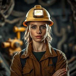 A strong and determined female miner in rugged work attire, standing confidently in an underground mine