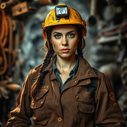 A strong and determined female miner in rugged work attire, standing confidently in an underground mine