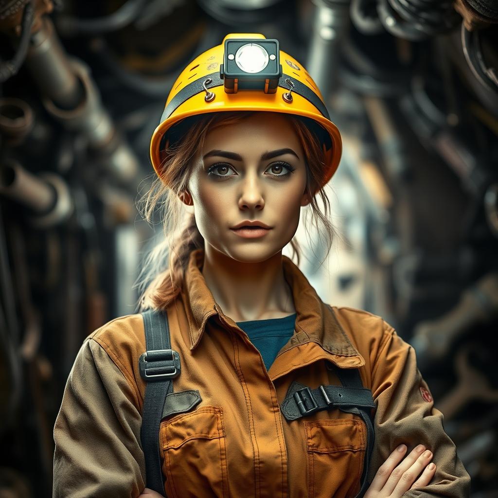 A strong and determined female miner in rugged work attire, standing confidently in an underground mine