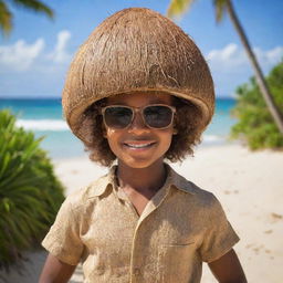 A coconut personified as a human, with a brown, textured body for the shell and a tropical shirt. Its features and hair made of coconut fiber, and a half-coconut shell as its hat, set against a sunny beach backdrop.