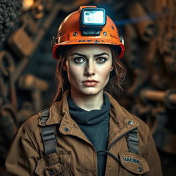 A strong and determined female miner in rugged work attire, standing confidently in an underground mine