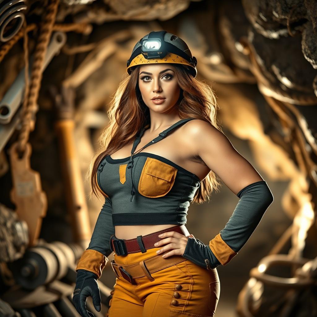 A strong, confident hot curvy female miner in rugged yet form-fitting work attire