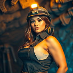 A strong, confident hot curvy female miner in rugged yet form-fitting work attire