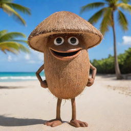 A coconut personified as a human, with a brown, textured body for the shell and a tropical shirt. Its features and hair made of coconut fiber, and a half-coconut shell as its hat, set against a sunny beach backdrop.