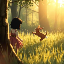 After making her way through the thicket, Lili, a fairy tale heroine with dark short hair, emerges onto a small clearing