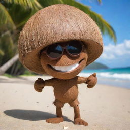 A coconut personified as a human, with a brown, textured body for the shell and a tropical shirt. Its features and hair made of coconut fiber, and a half-coconut shell as its hat, set against a sunny beach backdrop.