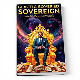 A book cover featuring a man seated on a golden throne made from money, with countless galaxies surrounding him in the backdrop