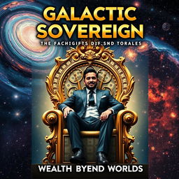 A book cover featuring a man seated on a golden throne made from money, with countless galaxies surrounding him in the backdrop