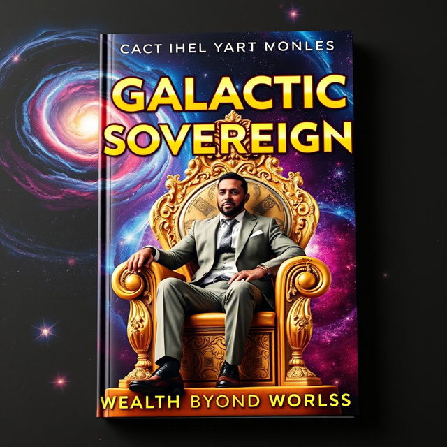 A book cover featuring a man seated on a golden throne made from money, with countless galaxies surrounding him in the backdrop