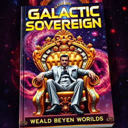 A book cover featuring a man seated on a golden throne made from money, with countless galaxies surrounding him in the backdrop