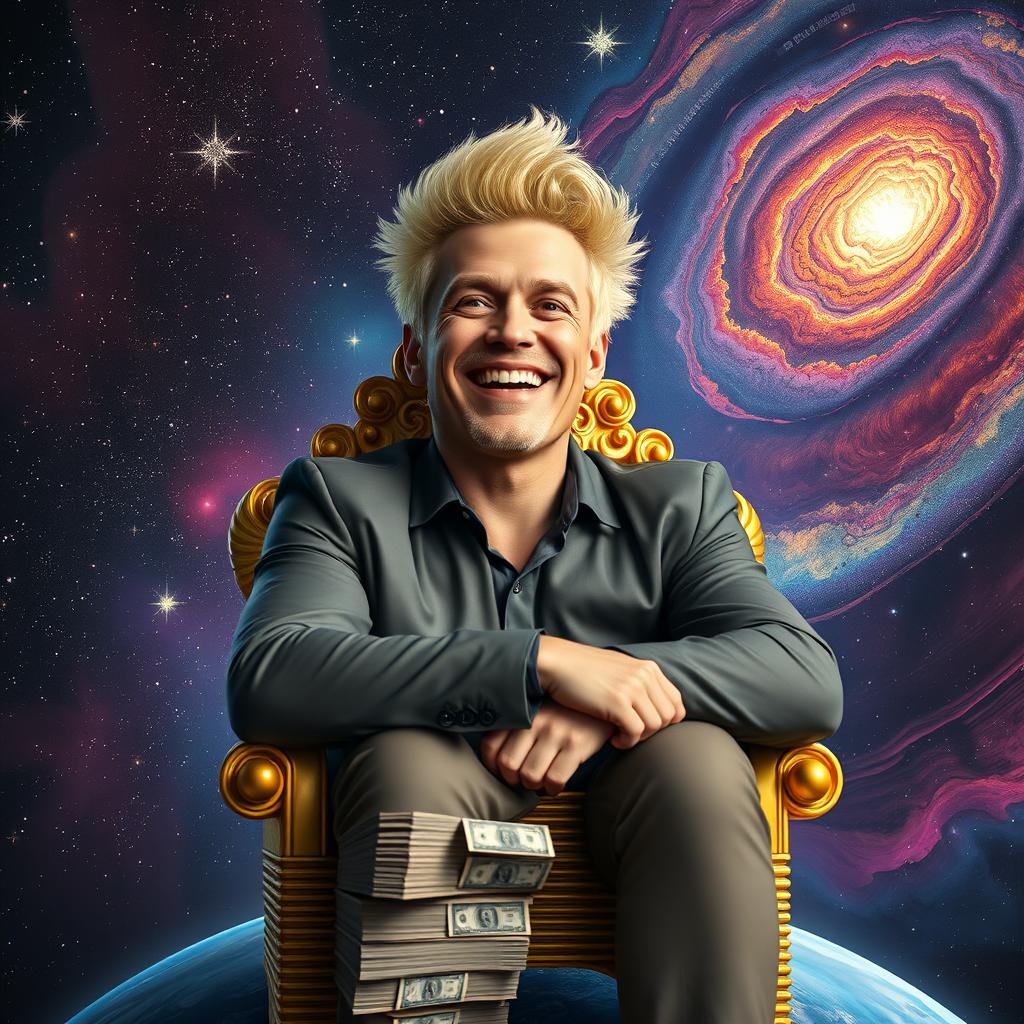 A charismatic man with striking blonde hair, seated on an opulent golden throne crafted entirely from stacks of money