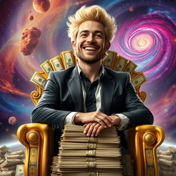 A charismatic man with striking blonde hair, seated on an opulent golden throne crafted entirely from stacks of money