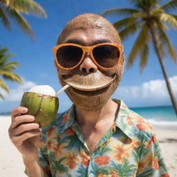 A comical coconut human with exaggerated facial features, donned in a tropical shirt and sunglasses, sipping from a smaller coconut with a background of palm trees and a sunny beach.