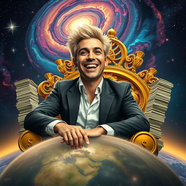 A charismatic man with striking blonde hair, seated on an opulent golden throne crafted entirely from stacks of money