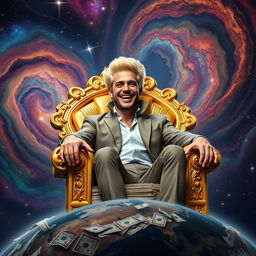 A charismatic man with striking blonde hair, seated on an opulent golden throne crafted entirely from stacks of money