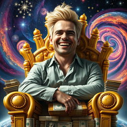 A charismatic man with striking blonde hair, seated on an opulent golden throne crafted entirely from stacks of money