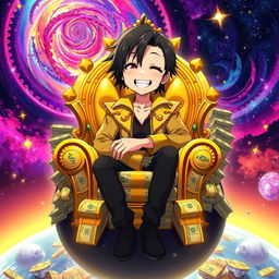 A captivating anime character with sleek black hair, seated on an extravagant golden throne crafted entirely from stacks of money