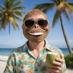 A comical coconut human with exaggerated facial features, donned in a tropical shirt and sunglasses, sipping from a smaller coconut with a background of palm trees and a sunny beach.