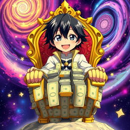 A captivating anime character with sleek black hair, seated on an extravagant golden throne crafted entirely from stacks of money