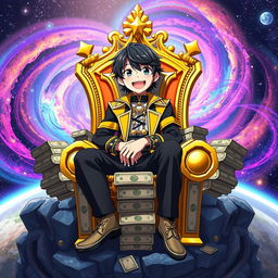 A captivating anime character with sleek black hair, seated on an extravagant golden throne crafted entirely from stacks of money