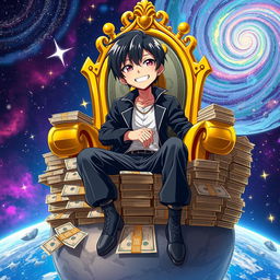 A captivating anime character with sleek black hair, seated on an extravagant golden throne crafted entirely from stacks of money