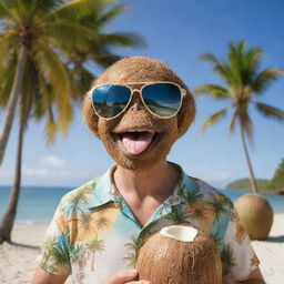 A comical coconut human with exaggerated facial features, donned in a tropical shirt and sunglasses, sipping from a smaller coconut with a background of palm trees and a sunny beach.