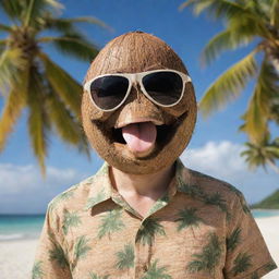 A comical coconut human with exaggerated facial features, donned in a tropical shirt and sunglasses, sipping from a smaller coconut with a background of palm trees and a sunny beach.