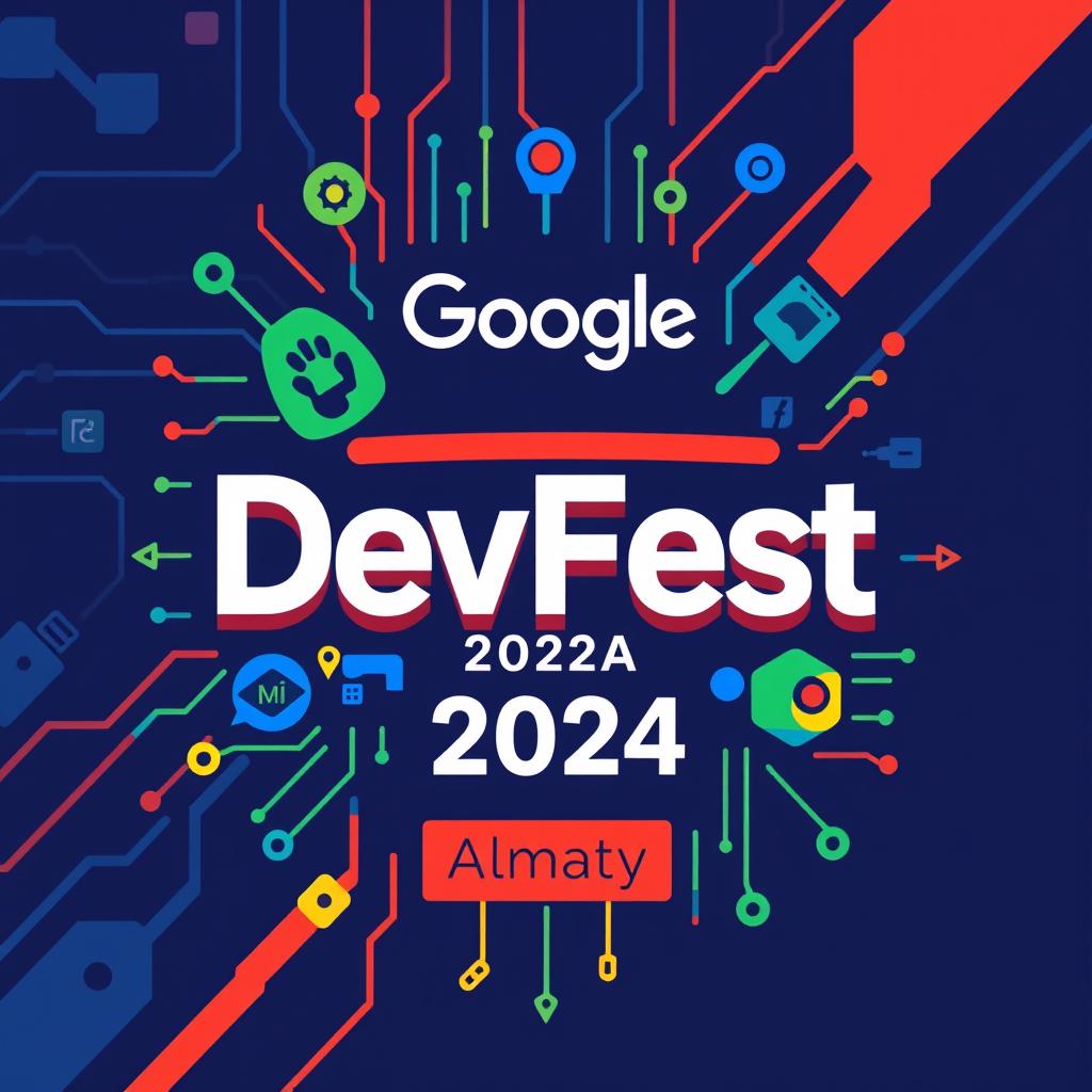 A creative and vibrant swag design featuring the text 'Google DevFest 2024' and 'Almaty'