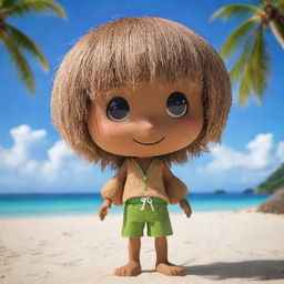 A delightful coconut anime character with glowing eyes, textured coconut shell hair, and a tropical-themed outfit, set against the peaceful backdrop of an idyllic beach.