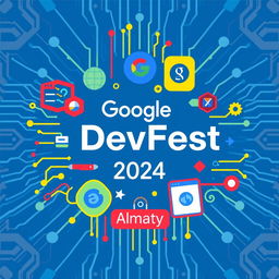 A creative and vibrant swag design featuring the text 'Google DevFest 2024' and 'Almaty'