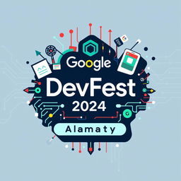 A creative and vibrant swag design featuring the text 'Google DevFest 2024' and 'Almaty'