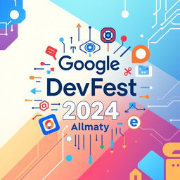 A creative and vibrant swag design featuring the text 'Google DevFest 2024' and 'Almaty'