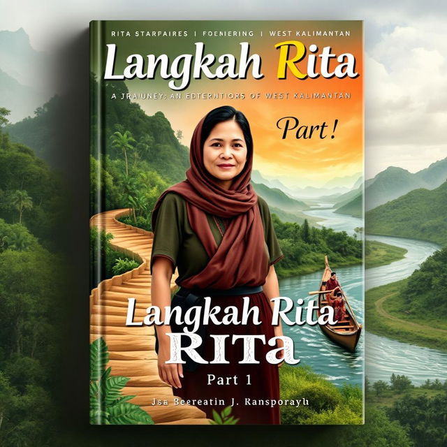 Book cover for "Langkah Rita Part 1" featuring a determined and compassionate woman, Rita, journeying through diverse regions of West Kalimantan in the field of education