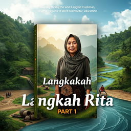 Book cover for "Langkah Rita Part 1" featuring a determined and compassionate woman, Rita, journeying through diverse regions of West Kalimantan in the field of education