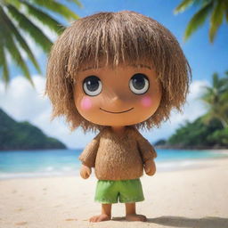 A delightful coconut anime character with glowing eyes, textured coconut shell hair, and a tropical-themed outfit, set against the peaceful backdrop of an idyllic beach.