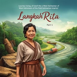 Book cover for "Langkah Rita Part 1" featuring a determined and compassionate woman, Rita, journeying through diverse regions of West Kalimantan in the field of education