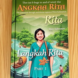 Book cover for "Langkah Rita Part 1" featuring a determined and compassionate woman, Rita, journeying through diverse regions of West Kalimantan in the field of education