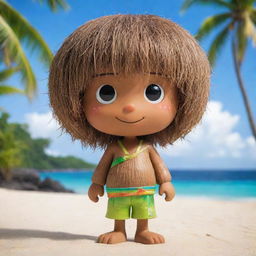 A delightful coconut anime character with glowing eyes, textured coconut shell hair, and a tropical-themed outfit, set against the peaceful backdrop of an idyllic beach.